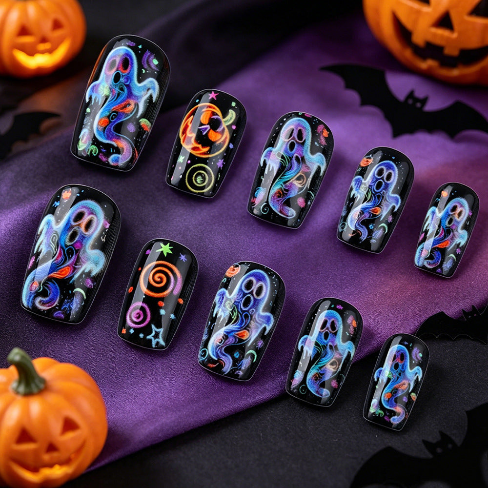 Neon Psychedelic Ghost Halloween Press-On Nails (24 Pcs Universal Fit)