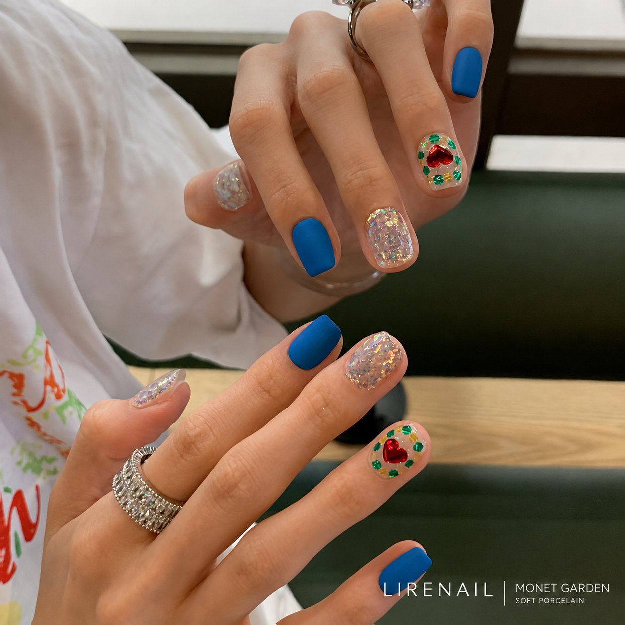 Monet Garden – Blue Matte Crystal Heart Press-On Nails