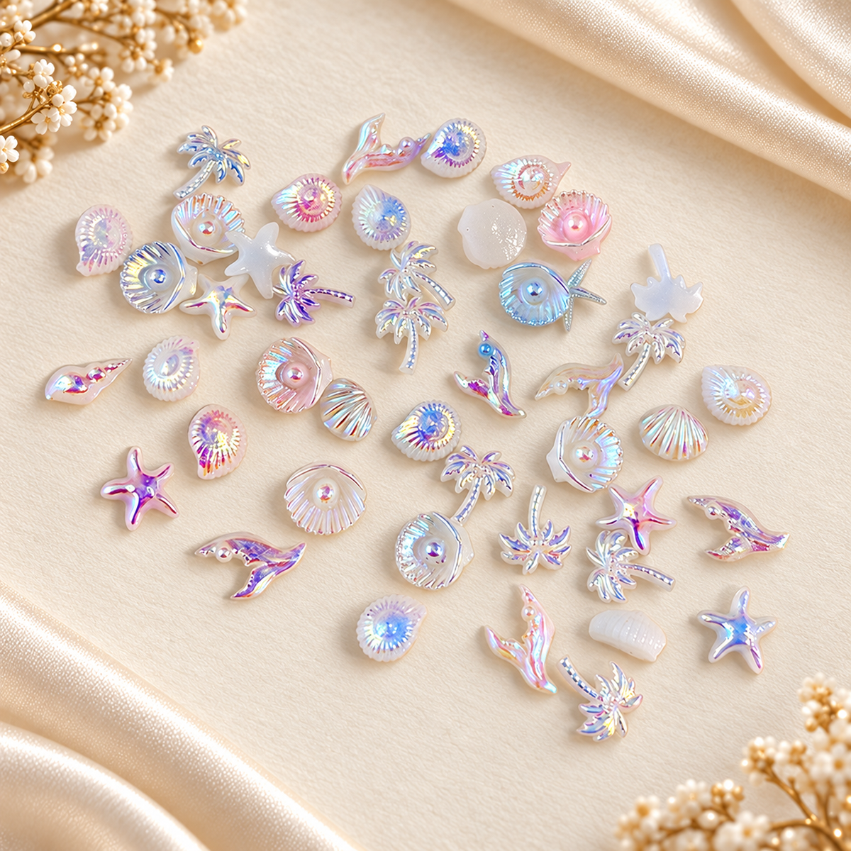 Iridescent Sea-Themed Nail Charms – Mixed Shapes, 50 Pcs