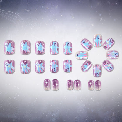 Pastel Galaxy Ghost Halloween Press-On Nails (24 Pcs Universal Fit)