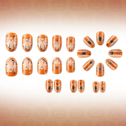 Orange Glitter Bow Ghost Spider Halloween Press-On Nails (24 Pcs Universal Fit)