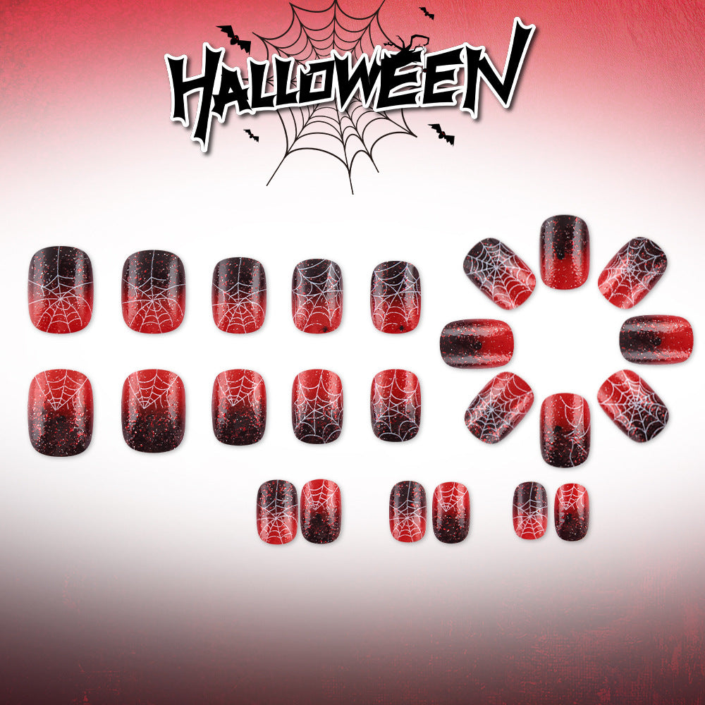 Black Red Ombre Spider Web Halloween Press-On Nails (24 Pcs Universal Fit)