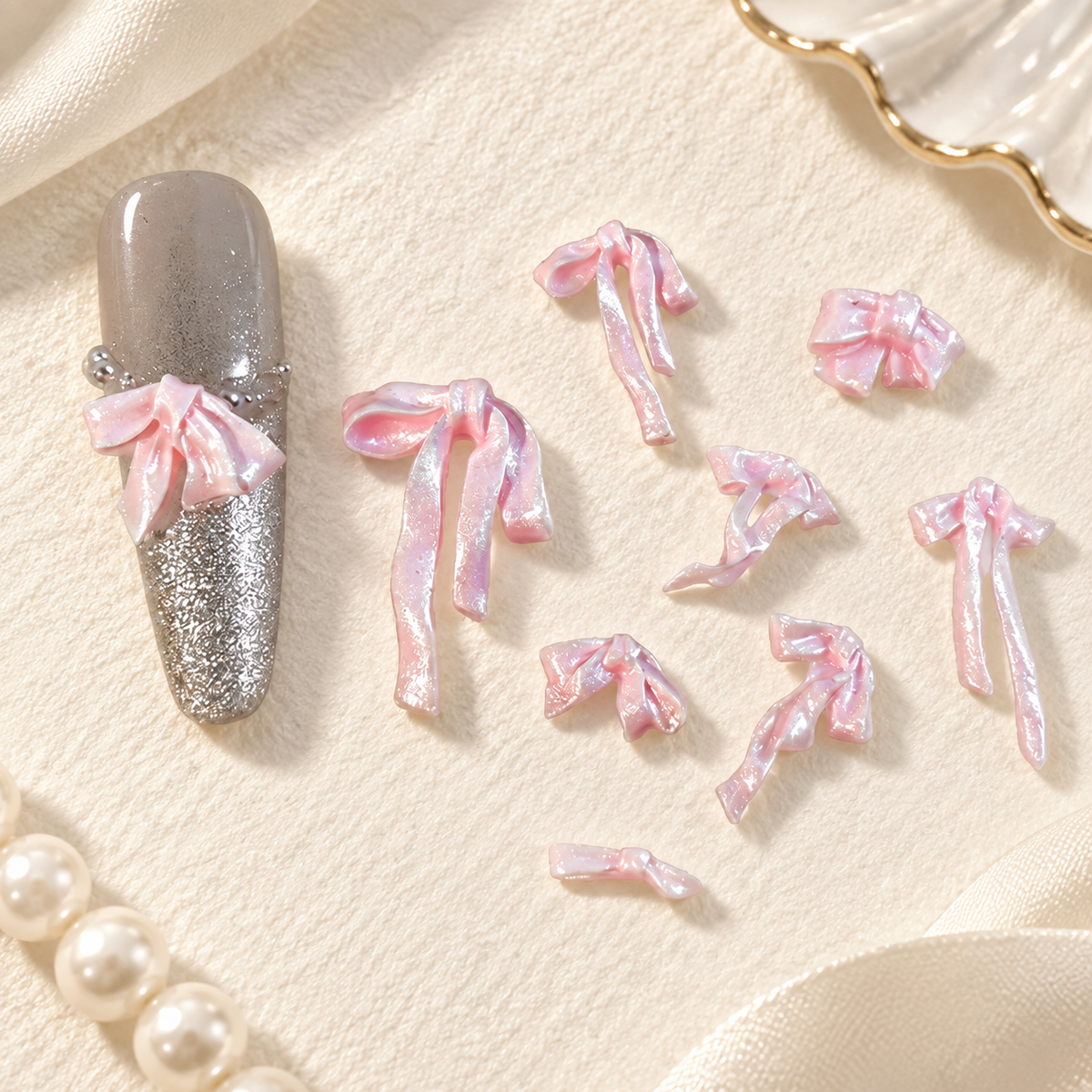 Pearlescent Resin Ribbon Bow Nail Charms – 50 Pcs