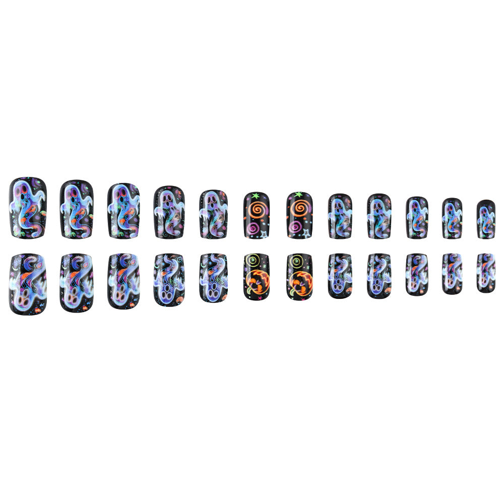 Neon Psychedelic Ghost Halloween Press-On Nails (24 Pcs Universal Fit)
