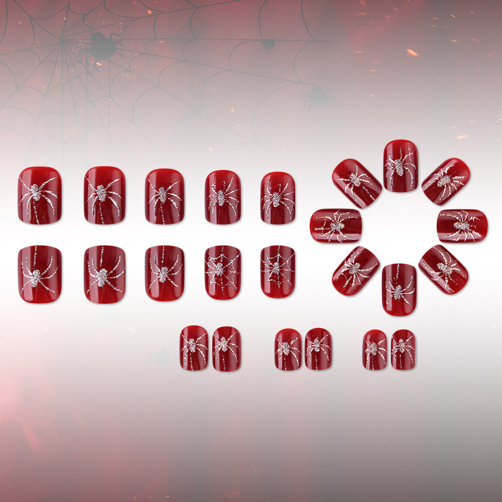 Crimson Glitter Spider Halloween Press-On Nails (24 Pcs Universal Fit)