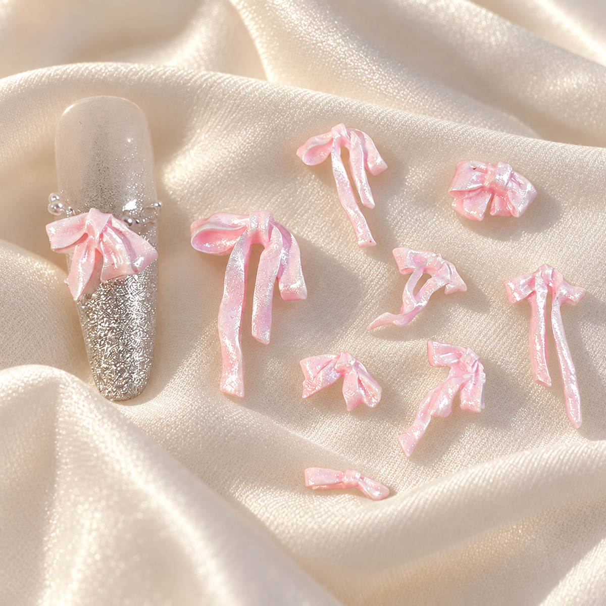 Pearlescent Resin Ribbon Bow Nail Charms – 50 Pcs