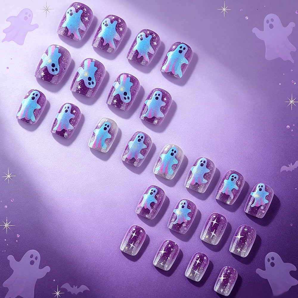 Pastel Galaxy Ghost Halloween Press-On Nails (24 Pcs Universal Fit)