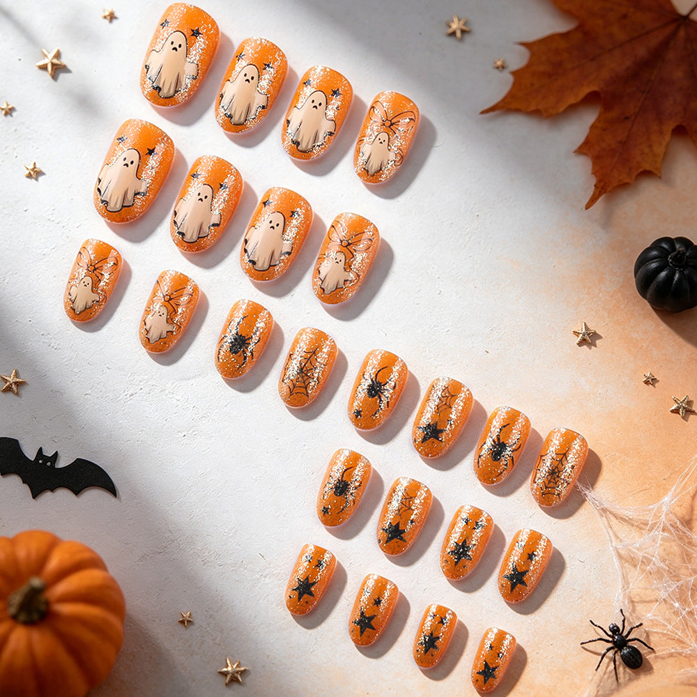 Orange Glitter Bow Ghost Spider Halloween Press-On Nails (24 Pcs Universal Fit)