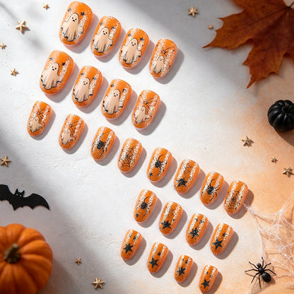 Orange Glitter Bow Ghost Spider Halloween Press-On Nails (24 Pcs Universal Fit)