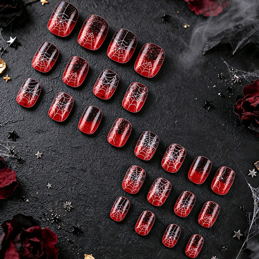 Black Red Ombre Spider Web Halloween Press-On Nails (24 Pcs Universal Fit)