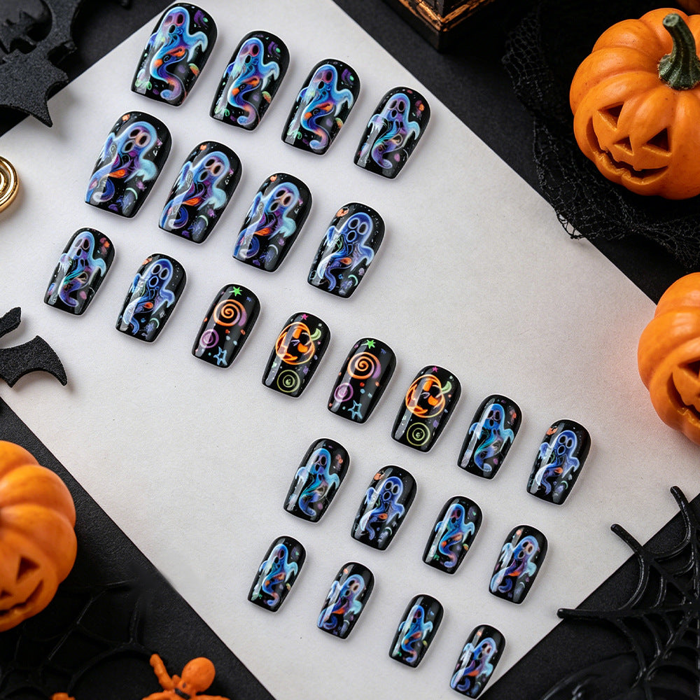 Neon Psychedelic Ghost Halloween Press-On Nails (24 Pcs Universal Fit)