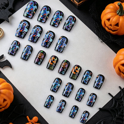 Neon Psychedelic Ghost Halloween Press-On Nails (24 Pcs Universal Fit)