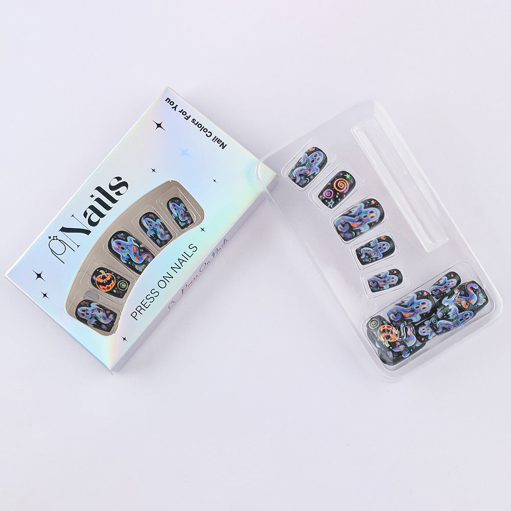 Neon Psychedelic Ghost Halloween Press-On Nails (24 Pcs Universal Fit)