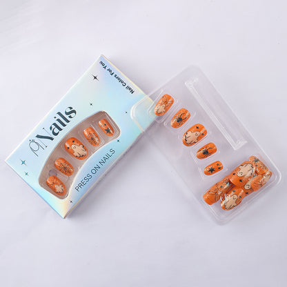 Orange Glitter Bow Ghost Spider Halloween Press-On Nails (24 Pcs Universal Fit)