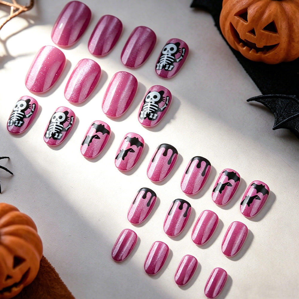 Purple Shimmer Skeleton Cat Halloween Press-On Nails (24 Pcs Universal Fit)