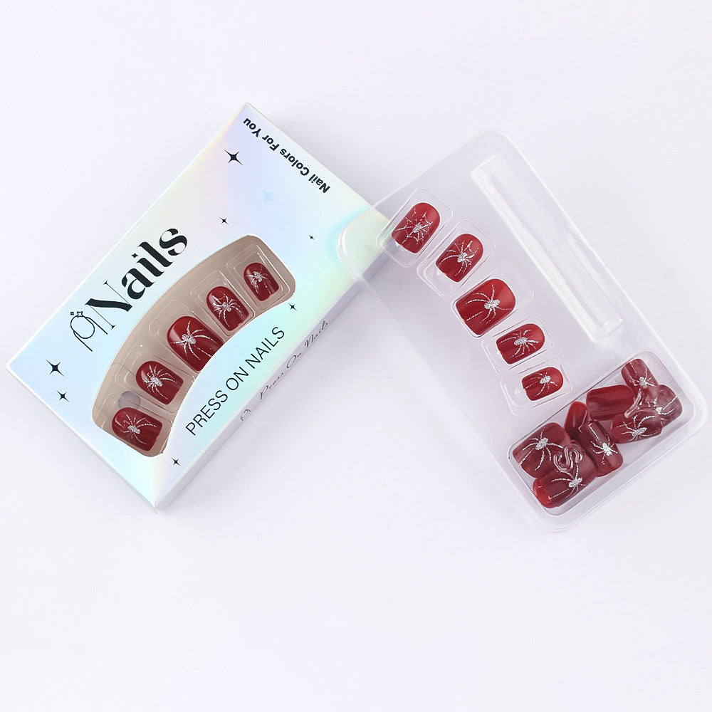 Crimson Glitter Spider Halloween Press-On Nails (24 Pcs Universal Fit)