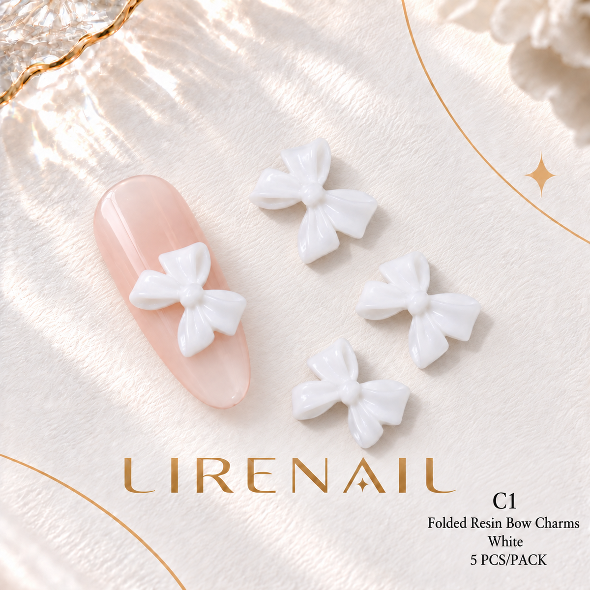 Resin Bow Nail Charms – Folded & Satin Ribbon Styles, 5 Pcs – Folded – White