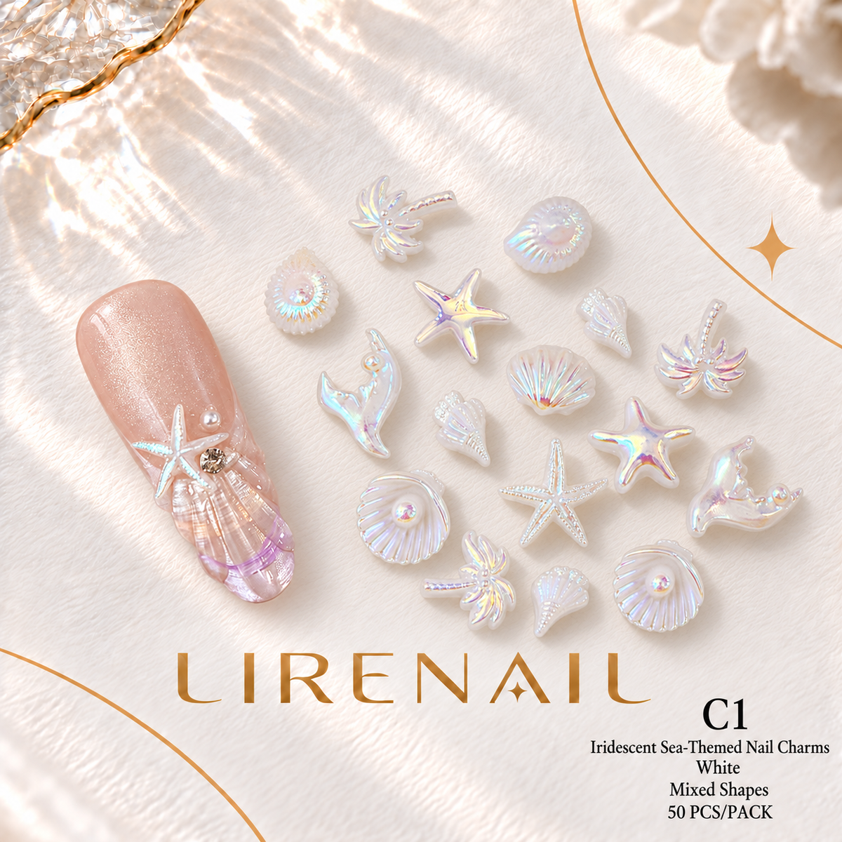 Iridescent Sea-Themed Nail Charms – Mixed Shapes, 50 Pcs – White