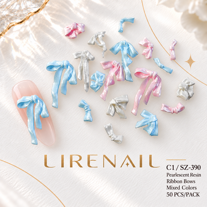 Pearlescent Resin Ribbon Bow Nail Charms – 50 Pcs – Mixed Colors