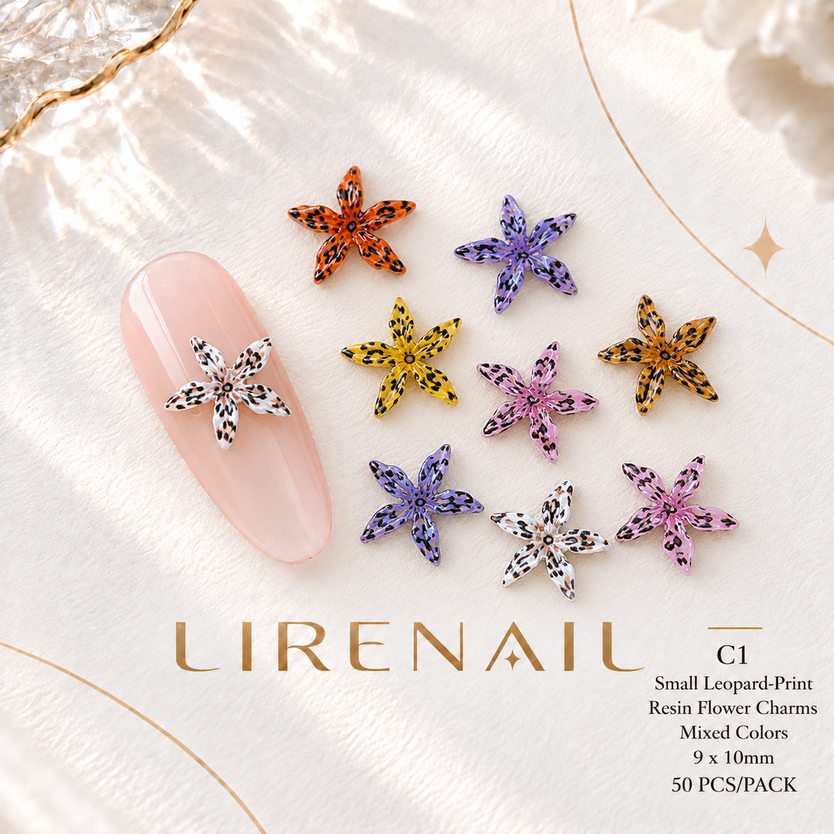 Leopard & Polka Dot Resin Flower Nail Charms – 50 Pcs – Leopard Print – Small 9x10mm