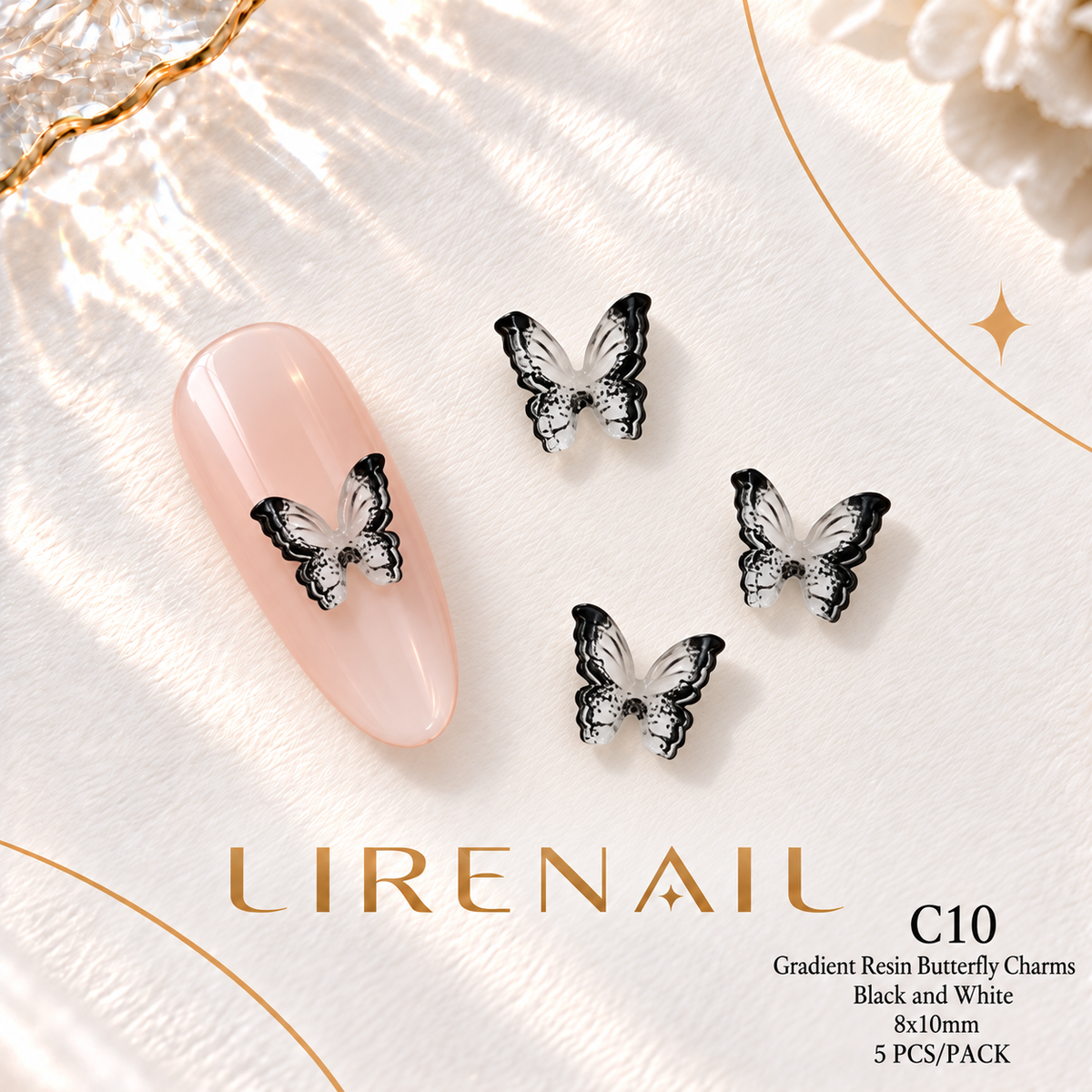 3D Resin Butterfly Nail Charms – Resin & Rhinestone Styles, 5 Pcs – 3D Resin – Black & White 8x10mm