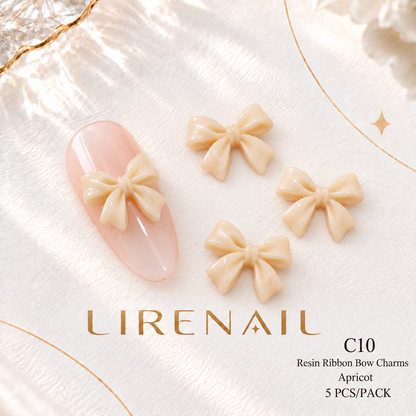 Resin Bow Nail Charms – Folded & Satin Ribbon Styles, 5 Pcs – Ribbon – Apricot