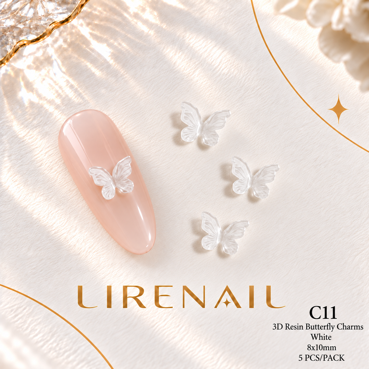 3D Resin Butterfly Nail Charms – Resin & Rhinestone Styles, 5 Pcs – 3D Resin – White 8x10mm