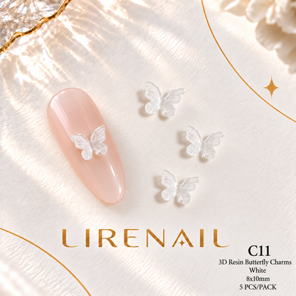 3D Resin Butterfly Nail Charms – Resin & Rhinestone Styles, 5 Pcs – 3D Resin – White 8x10mm