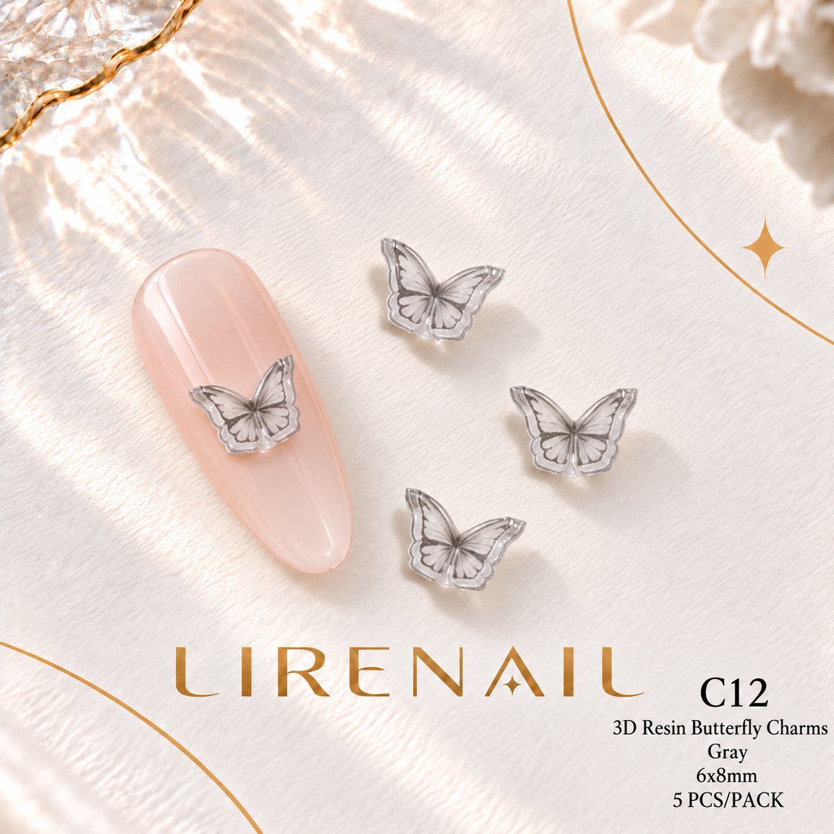 3D Resin Butterfly Nail Charms – Resin & Rhinestone Styles, 5 Pcs – 3D Resin – Gray 6x8mm