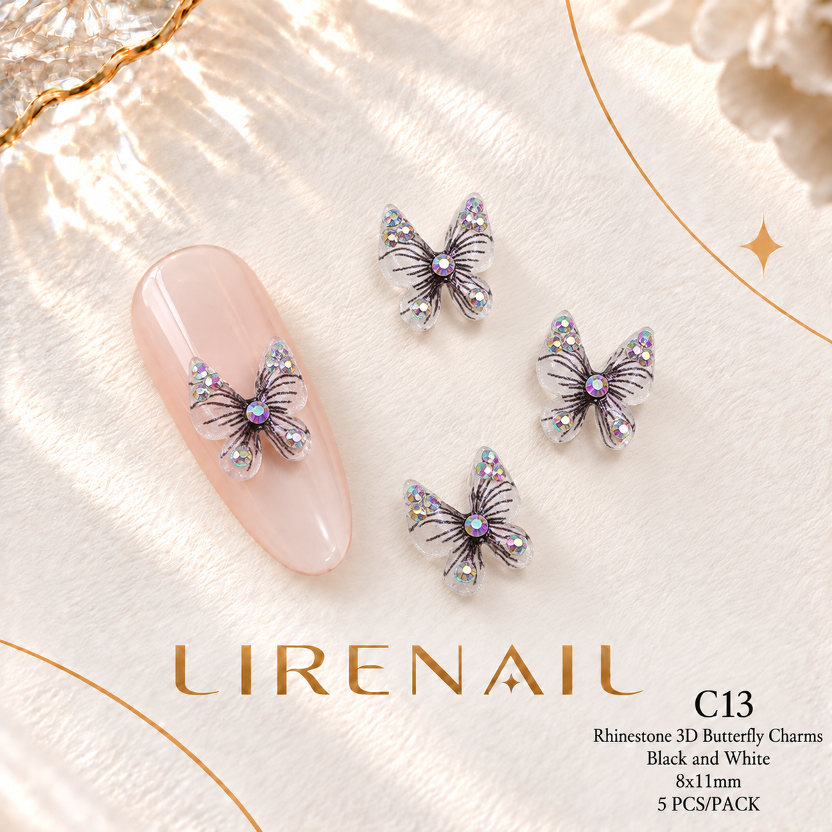 3D Resin Butterfly Nail Charms – Resin & Rhinestone Styles, 5 Pcs – Rhinestone – Black & White 8x11mm