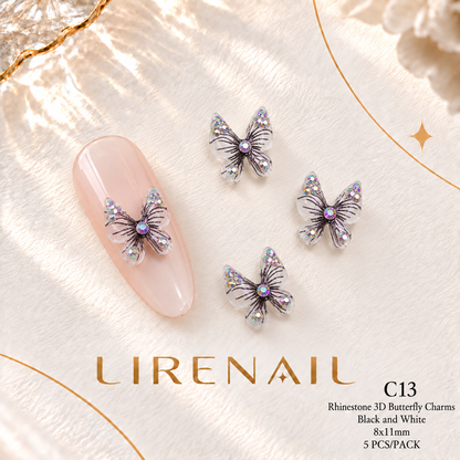 3D Resin Butterfly Nail Charms – Resin & Rhinestone Styles, 5 Pcs – Rhinestone – Black & White 8x11mm