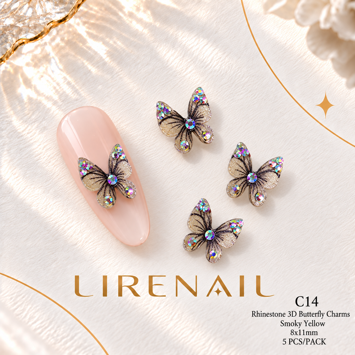 3D Resin Butterfly Nail Charms – Resin & Rhinestone Styles, 5 Pcs – Rhinestone – Smoky Yellow 8x11mm