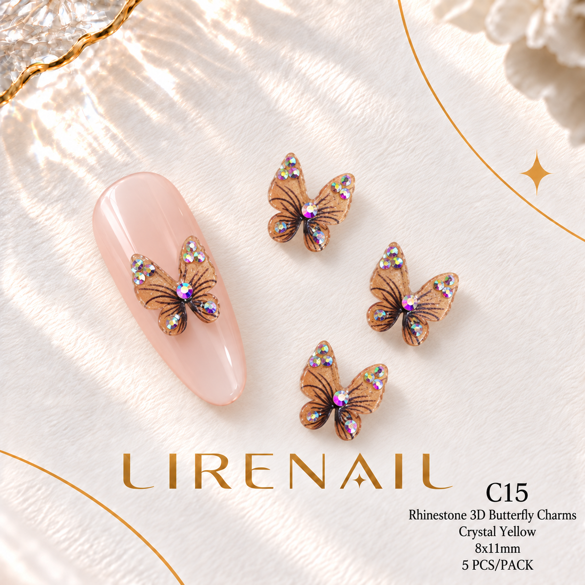 3D Resin Butterfly Nail Charms – Resin & Rhinestone Styles, 5 Pcs – Rhinestone – Crystal Yellow 8x11mm