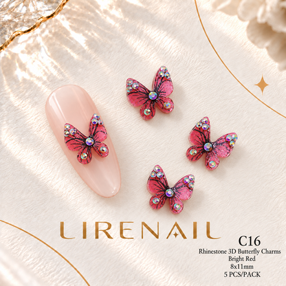3D Resin Butterfly Nail Charms – Resin & Rhinestone Styles, 5 Pcs – Rhinestone – Bright Red 8x11mm