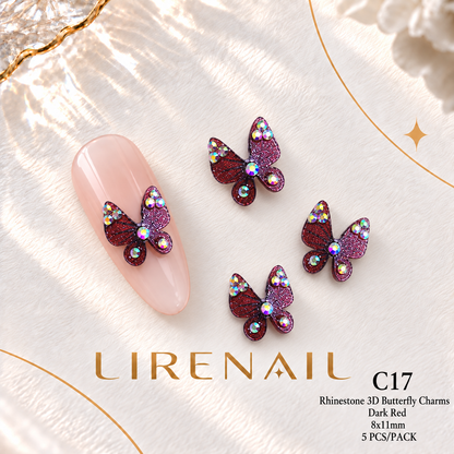 3D Resin Butterfly Nail Charms – Resin & Rhinestone Styles, 5 Pcs – Rhinestone – Dark Red 8x11mm