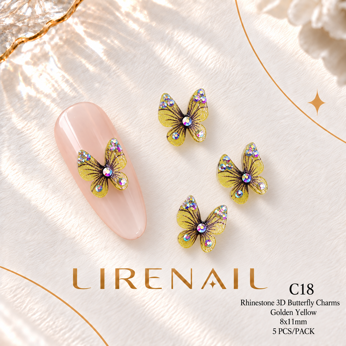 3D Resin Butterfly Nail Charms – Resin & Rhinestone Styles, 5 Pcs – Rhinestone – Golden Yellow 8x11mm