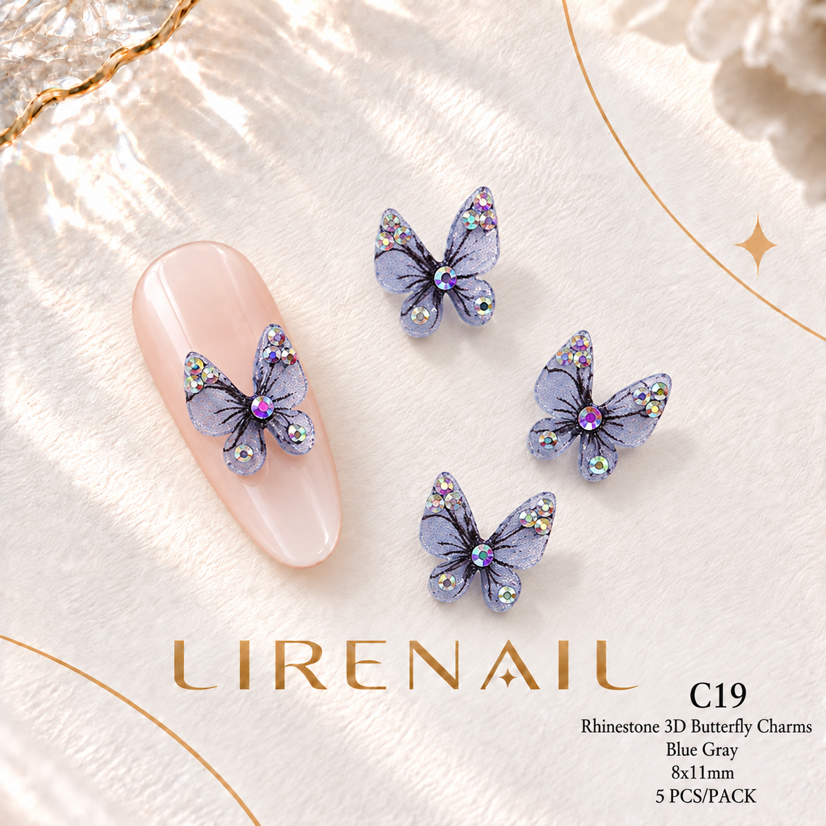 3D Resin Butterfly Nail Charms – Resin & Rhinestone Styles, 5 Pcs – Rhinestone – Blue Gray 8x11mm