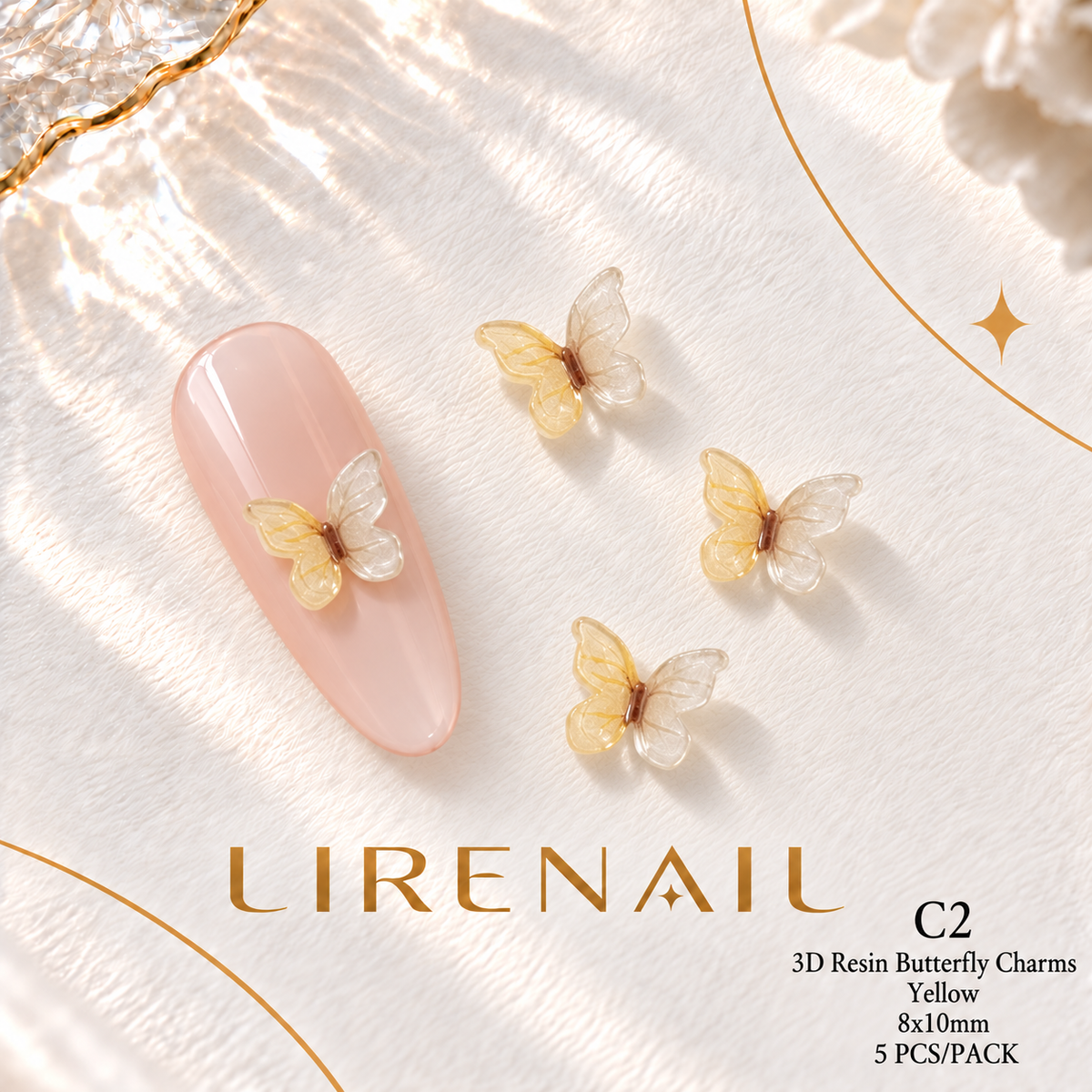 3D Resin Butterfly Nail Charms – Resin & Rhinestone Styles, 5 Pcs – 3D Resin – Yellow 8x10mm