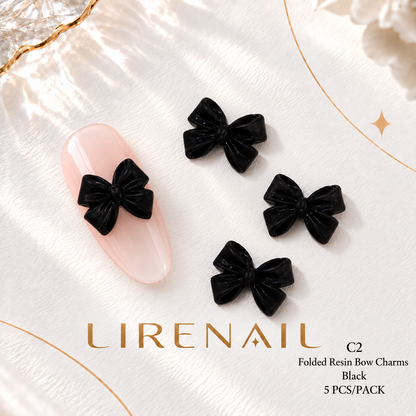 Resin Bow Nail Charms – Folded & Satin Ribbon Styles, 5 Pcs – Folded – Black