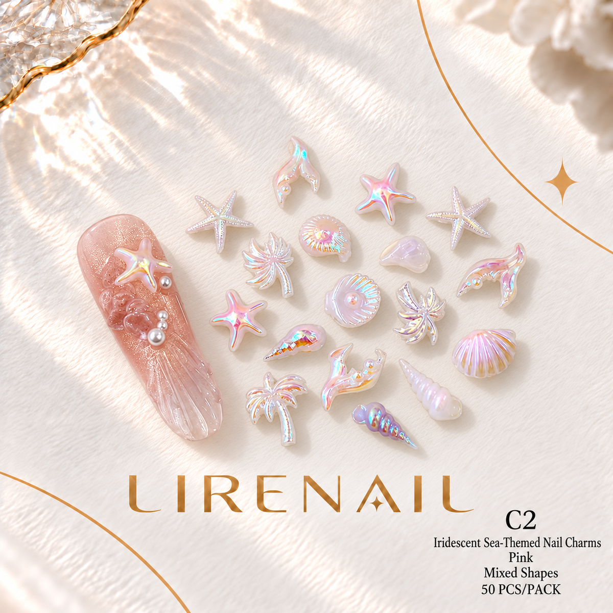 Iridescent Sea-Themed Nail Charms – Mixed Shapes, 50 Pcs – Pink