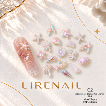Iridescent Sea-Themed Nail Charms – Mixed Shapes, 50 Pcs – Pink