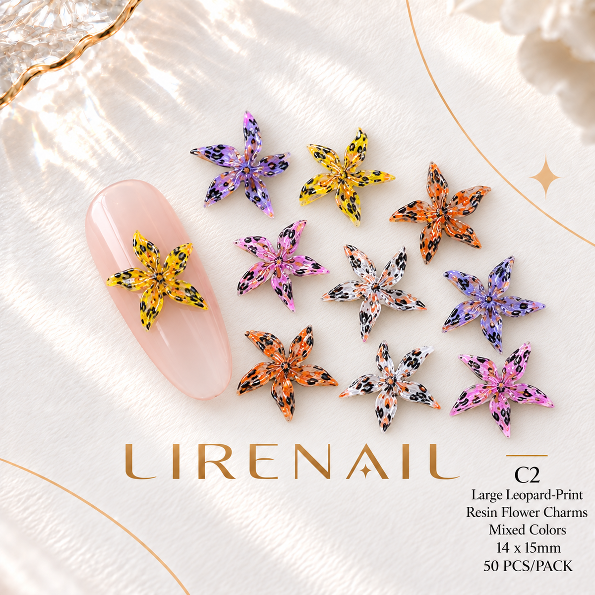 Leopard & Polka Dot Resin Flower Nail Charms – 50 Pcs – Leopard Print – Large 14x15mm