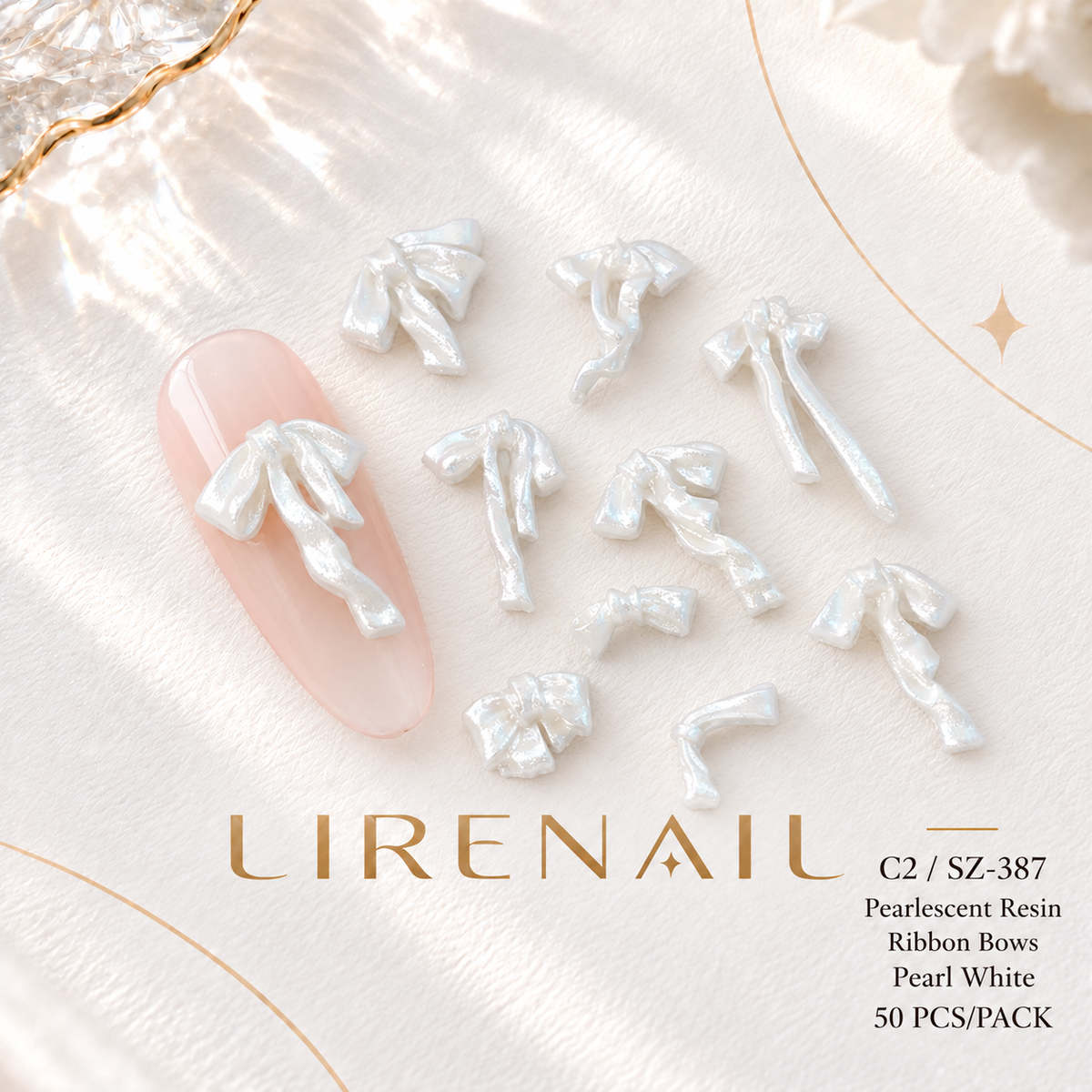 Pearlescent Resin Ribbon Bow Nail Charms – 50 Pcs – Pearl White