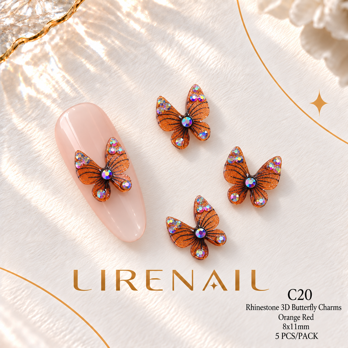 3D Resin Butterfly Nail Charms – Resin & Rhinestone Styles, 5 Pcs – Rhinestone – Orange Red 8x11mm