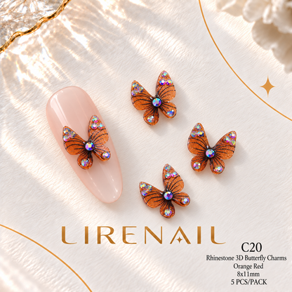 3D Resin Butterfly Nail Charms – Resin & Rhinestone Styles, 5 Pcs – Rhinestone – Orange Red 8x11mm