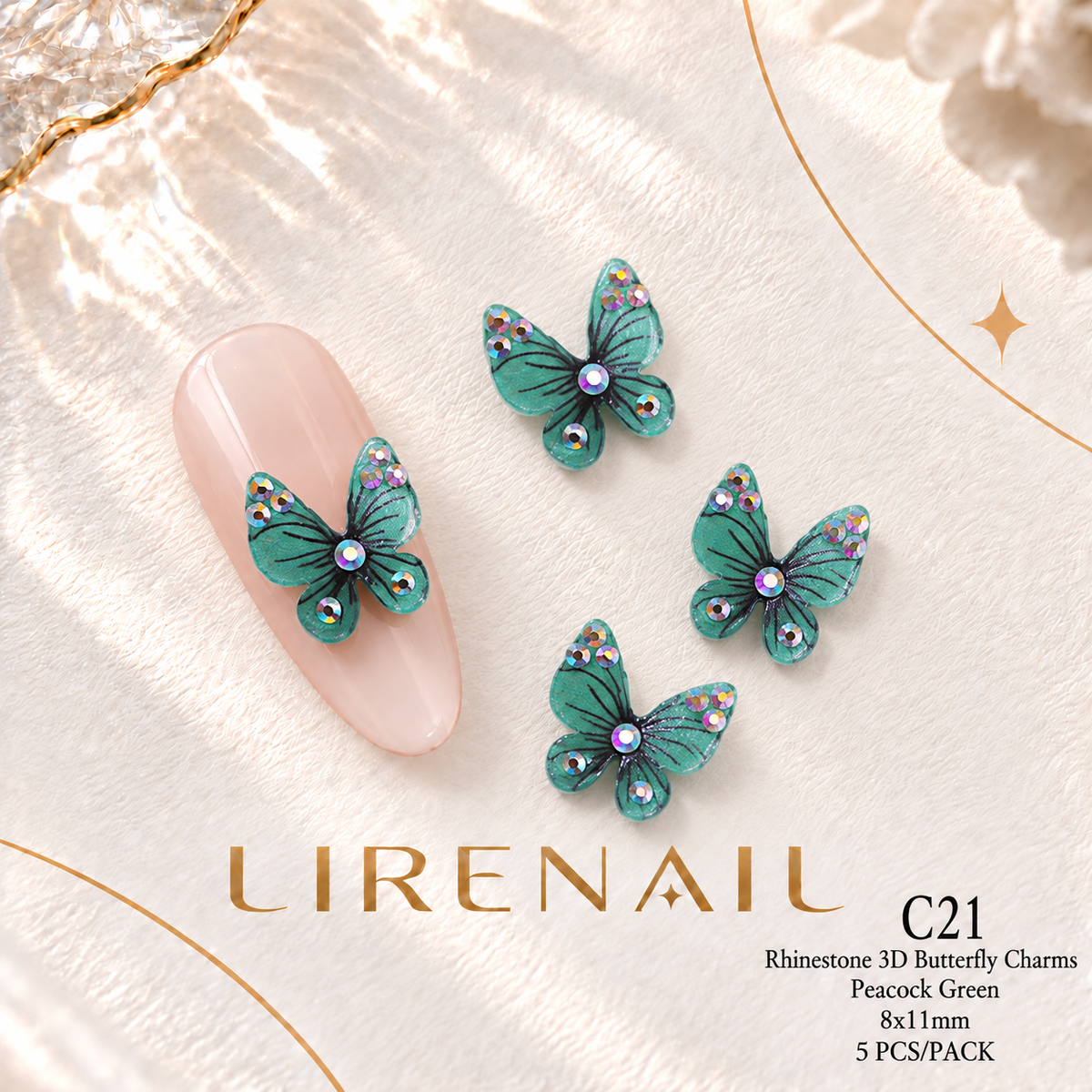 3D Resin Butterfly Nail Charms – Resin & Rhinestone Styles, 5 Pcs – Rhinestone – Peacock Green 8x11mm