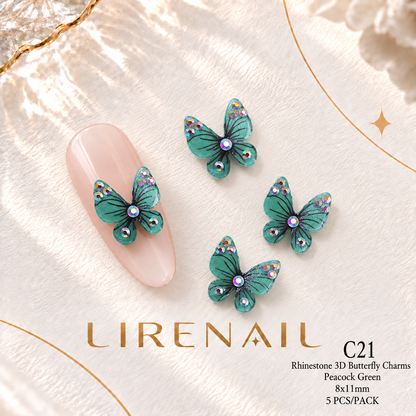 3D Resin Butterfly Nail Charms – Resin & Rhinestone Styles, 5 Pcs – Rhinestone – Peacock Green 8x11mm