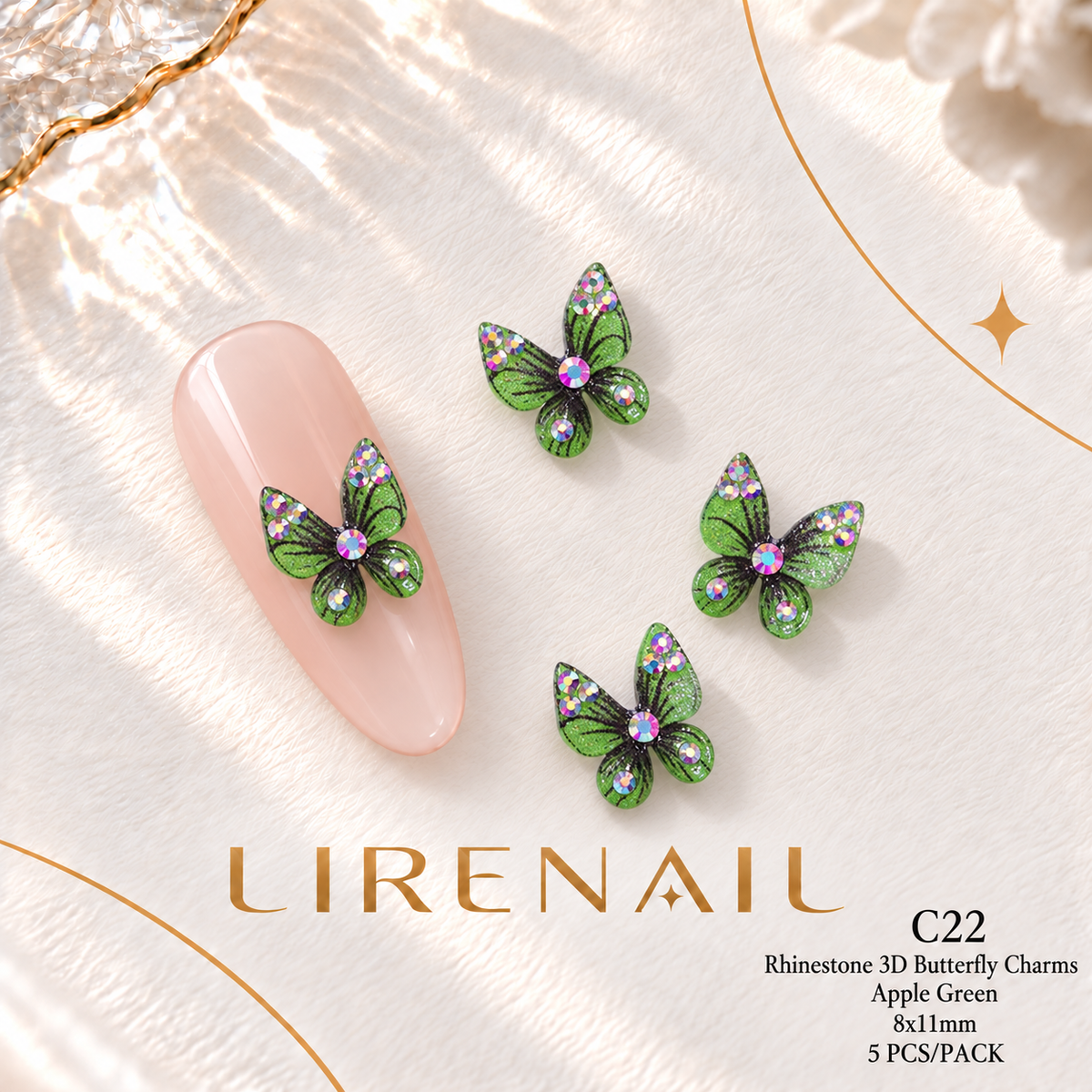 3D Resin Butterfly Nail Charms – Resin & Rhinestone Styles, 5 Pcs – Rhinestone – Apple Green 8x11mm