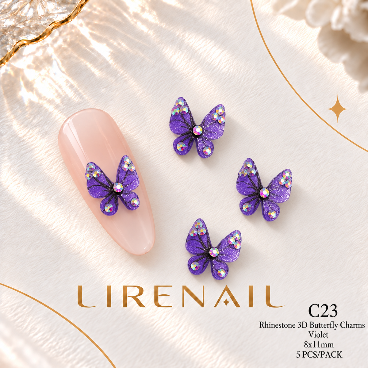 3D Resin Butterfly Nail Charms – Resin & Rhinestone Styles, 5 Pcs – Rhinestone – Violet 8x11mm
