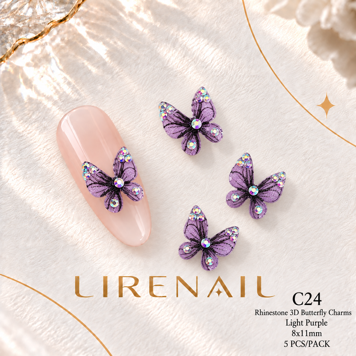 3D Resin Butterfly Nail Charms – Resin & Rhinestone Styles, 5 Pcs – Rhinestone – Light Purple 8x11mm
